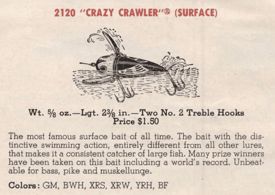 Heddon 2120 Crazy Crawler vintage catalog page: surface bait with twin metal flapper wings on either side that crawl across the water on retrieve, 5/8 oz, 2-3/8 in, two No. 2 treble hooks