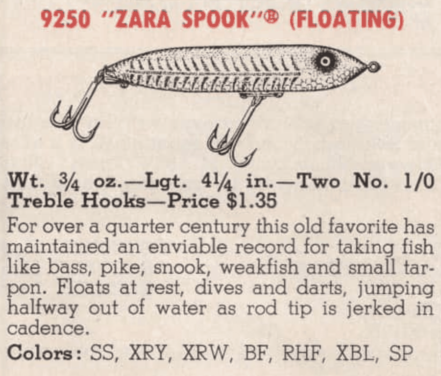 Heddon 9250 Zara Spook vintage catalog page: slim torpedo-shaped surface plug, 3/4 oz, 4-1/4 in, two No. 1/0 treble hooks, described as floating at rest and darting halfway out of water with rod-tip cadence
